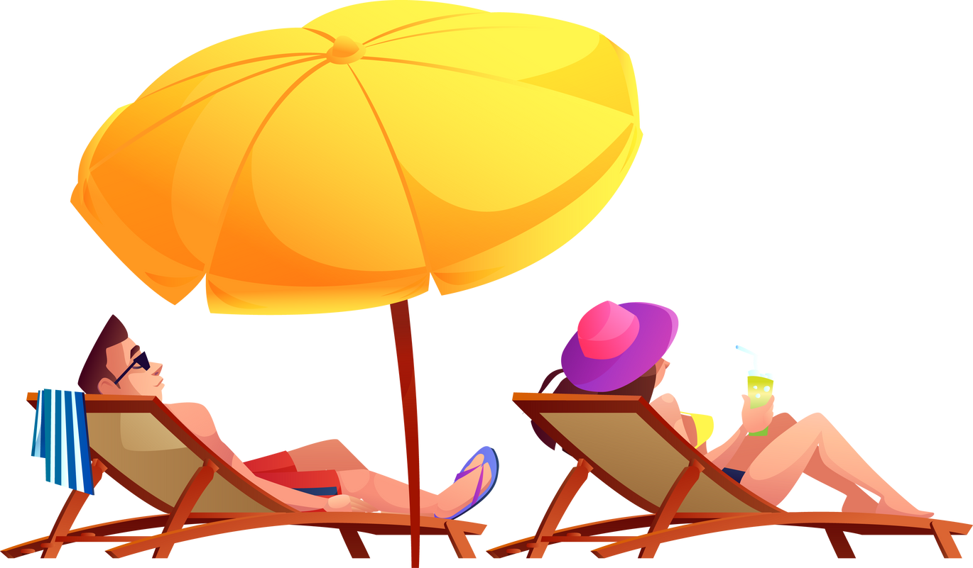 Couple Sunbathe on Chaise Lounge under Umbrella